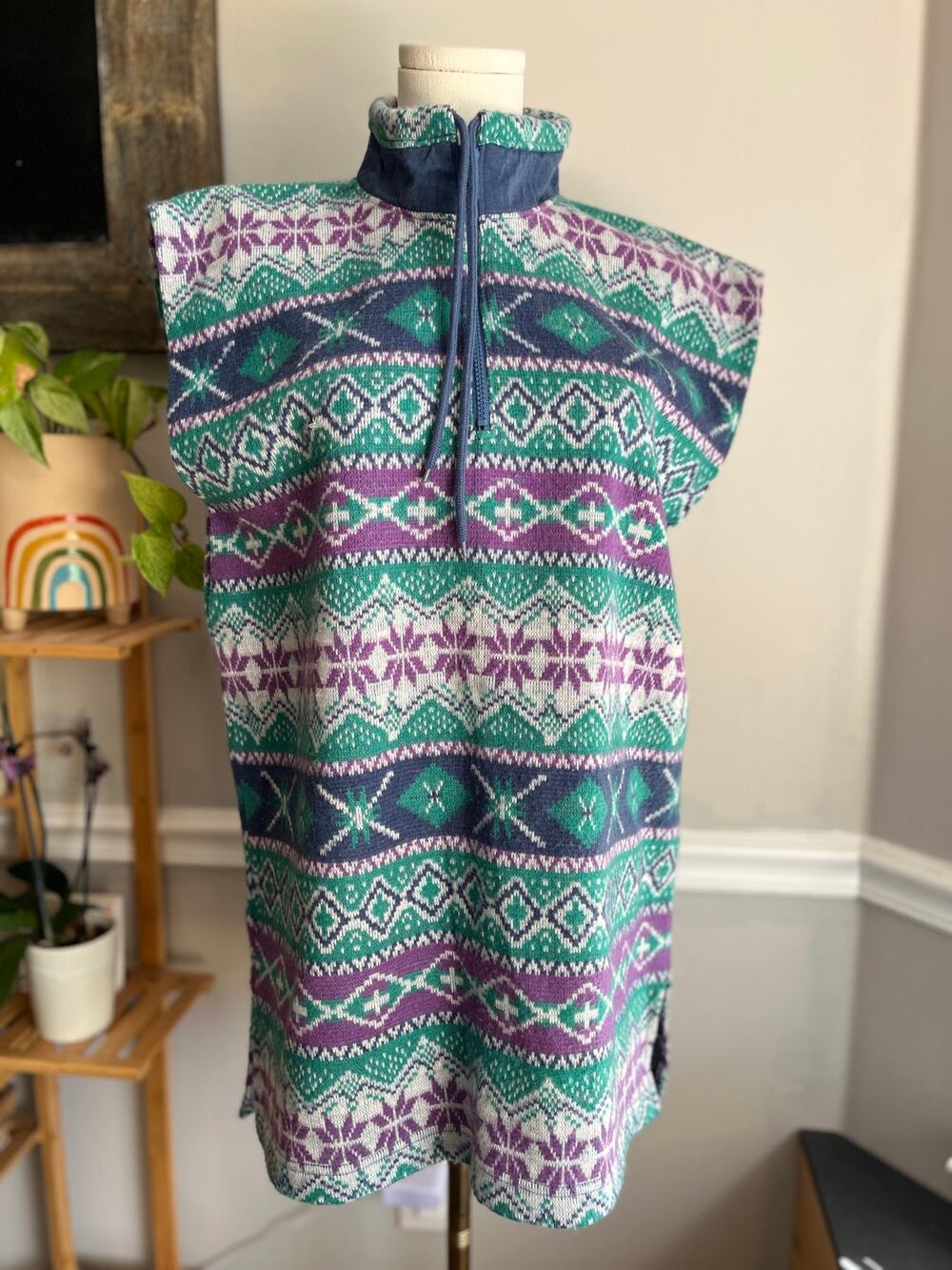 Vintage 80s Sleeveless Quarter Zip Top Mockneck Fair Isle Tunic Size Large